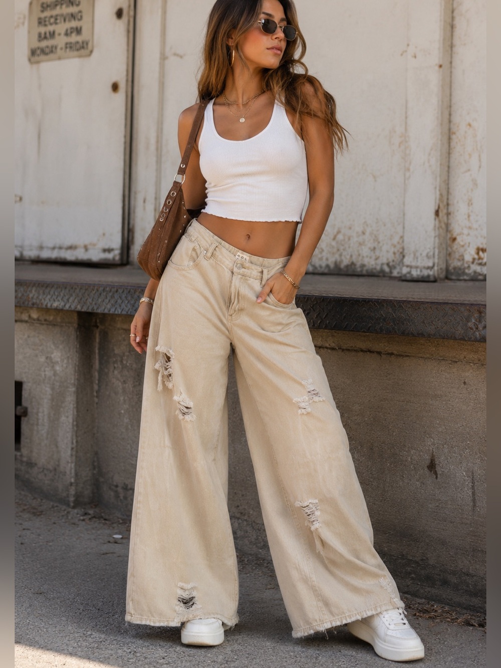 POL Wide Leg Distressed Jeans Medium Cream 100% Cotton Elastic Waist Boho